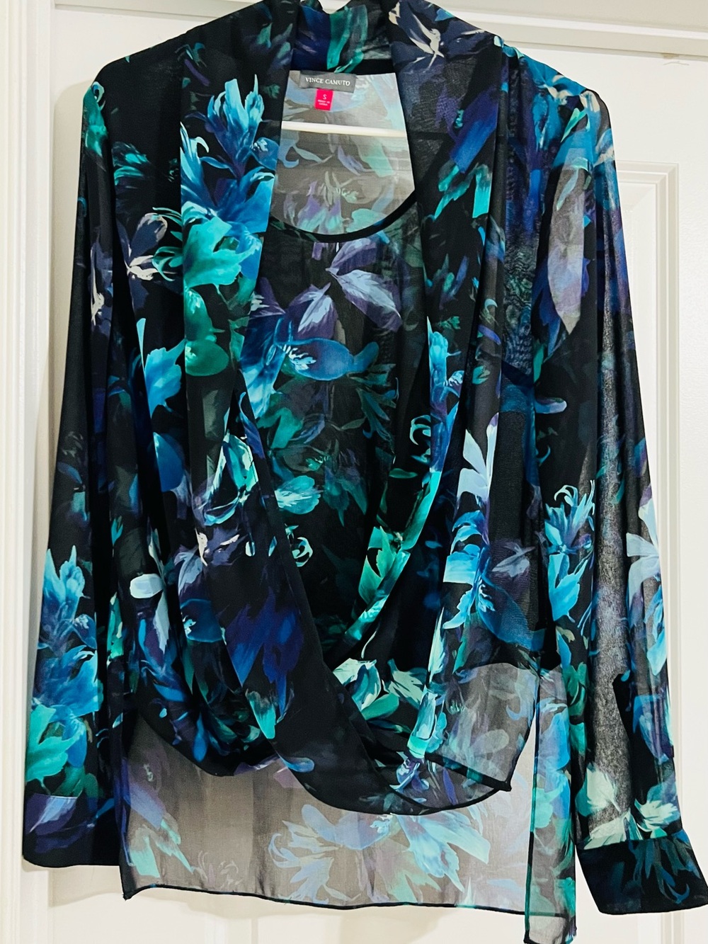 Vince Camuto Black Floral Teal & Blue Sheer Wrap Blouse